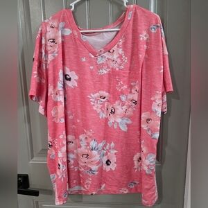 Womans Shein 3xl Tag Fits 2xl Pink Floral Short Sleeve Shirt Nwot